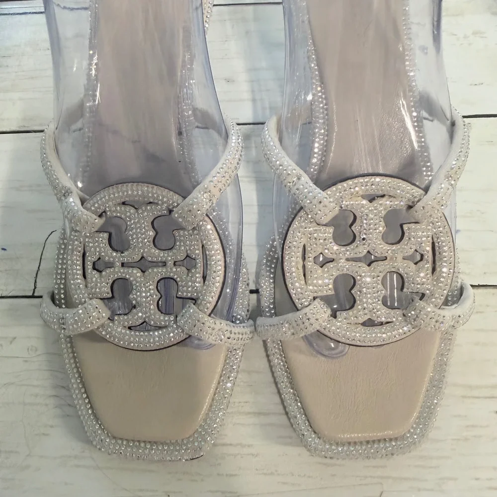 Tory Burch Miller‎ Crystal Sandals Women 7M Kitten Heel Logo Guest Rhinestone